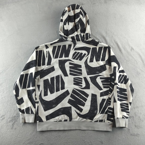 Nike Hoodie Mens Large White Black All Over Swoosh Logo Pullover Sweatshirt - Picture 2 of 12